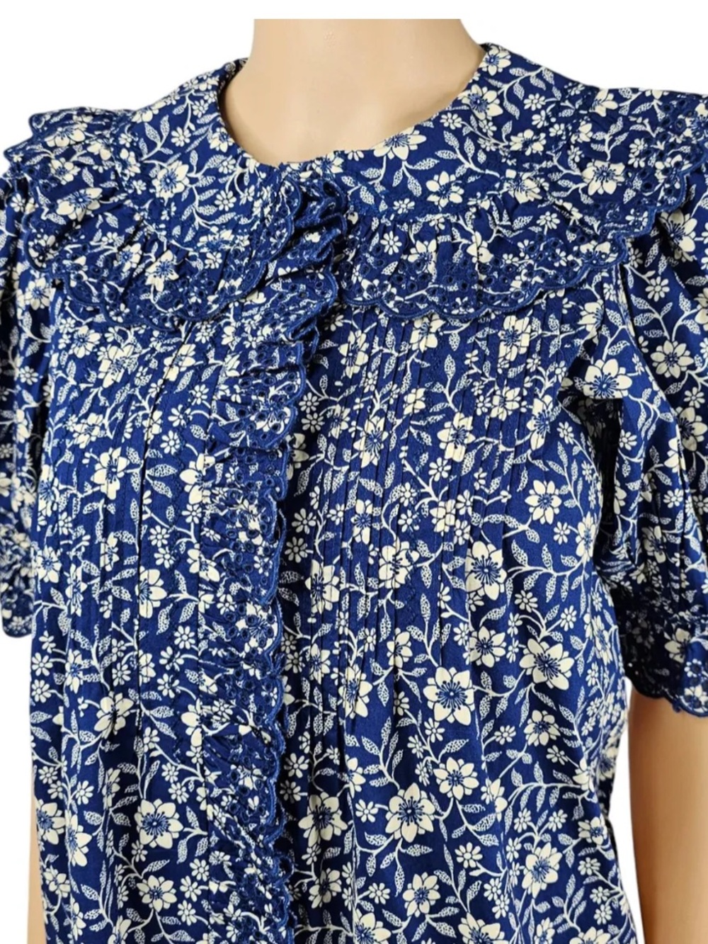 Doen “Quincy” Blue Floral Puff-Sleeve Blouse w/Eyelet Collar. Rare! 🎀 - Picture 6 of 6